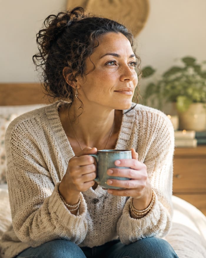 A woman holding a mug and looking out a sunny window