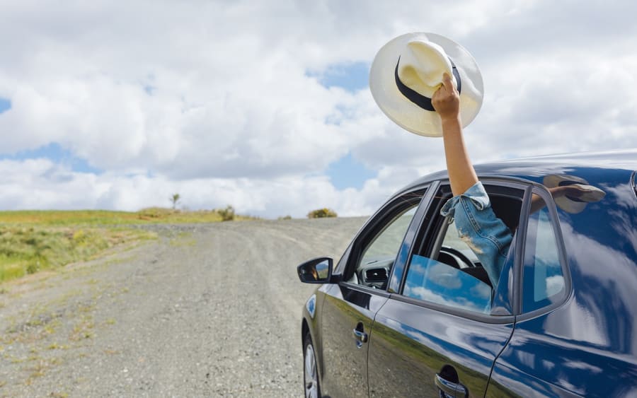 A hand holding a straw hat out of a car window