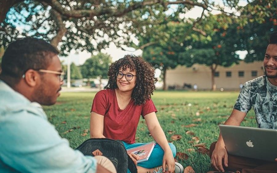 Three friends talking on the grass under a tree